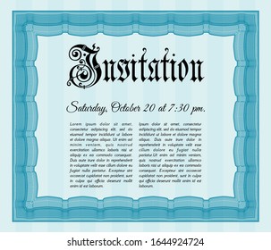 Light blue Retro invitation template. Vector illustration. With great quality guilloche pattern. Lovely design. 