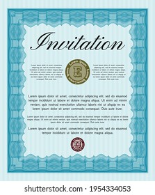 Light blue Retro invitation template. Superior design. With guilloche pattern and background.  