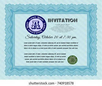 Light blue Retro invitation template. With guilloche pattern and background. Customizable, Easy to edit and change colors. Lovely design. 