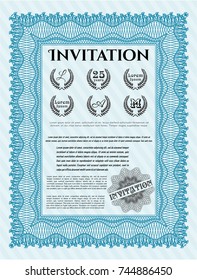 Light blue Retro invitation template. Detailed. With linear background. Sophisticated design. 