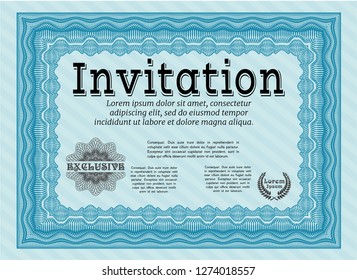 Light blue Retro invitation. Vector illustration. With great quality guilloche pattern. Perfect design. 