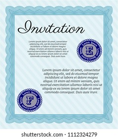  Light blue Retro vintage invitation. Artistry design. With guilloche pattern and background. Detailed. 