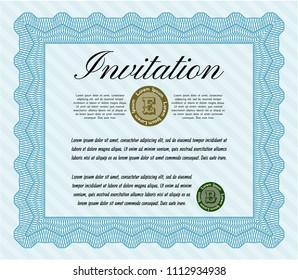  Light blue Retro vintage invitation. With guilloche pattern and background. Detailed. Elegant design. 