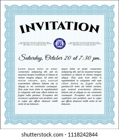 Light blue Retro vintage invitation. Perfect design. Detailed. With great quality guilloche pattern. 