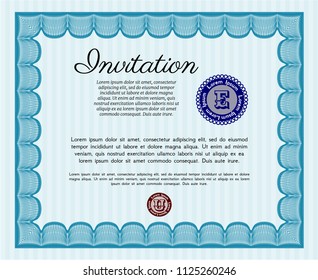 Light blue Retro vintage invitation. With guilloche pattern and background. Detailed. Elegant design. 