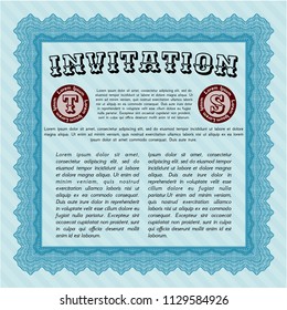 Light blue Retro vintage invitation. Vector illustration. With great quality guilloche pattern. Money style design. 