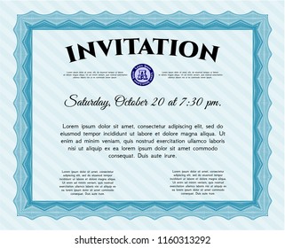 Light blue Retro vintage invitation. Money design. Detailed. With guilloche pattern and background. 
