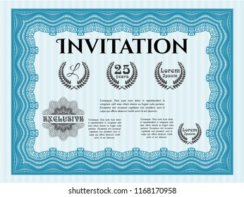 Light blue Retro vintage invitation. Cordial design. Detailed. With linear background. 