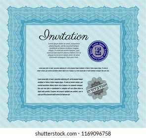 Light blue Retro vintage invitation. Cordial design. Customizable, Easy to edit and change colors. With great quality guilloche pattern. 