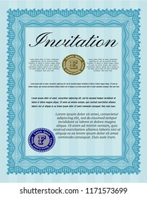 Light blue Retro vintage invitation. With guilloche pattern and background. Perfect design. Detailed. 