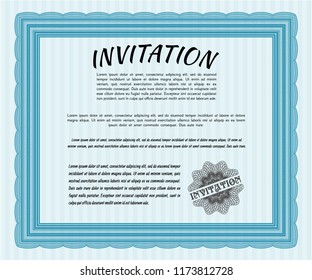 Light blue Retro vintage invitation. Excellent design. With great quality guilloche pattern. Vector illustration. 
