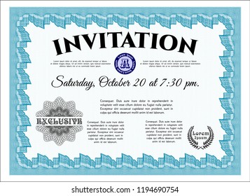 Light blue Retro vintage invitation. Detailed. Easy to print. Beauty design. 