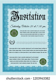 Light blue Retro vintage invitation. With complex background. Detailed. Artistry design. 