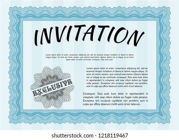 Light blue Retro vintage invitation. Customizable, Easy to edit and change colors. With guilloche pattern. Retro design. 