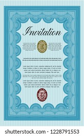 Light blue Retro vintage invitation. Elegant design. Detailed. With linear background. 