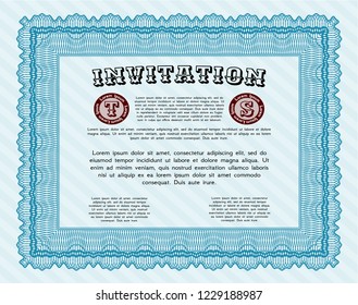 Light blue Retro vintage invitation. With linear background. Elegant design. Detailed. 