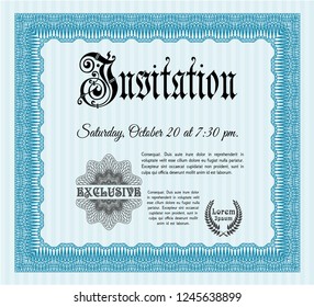 Light blue Retro vintage invitation. Lovely design. With guilloche pattern and background. Customizable, Easy to edit and change colors. 