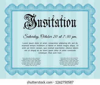 Light blue Retro vintage invitation. With great quality guilloche pattern. Elegant design. Vector illustration. 