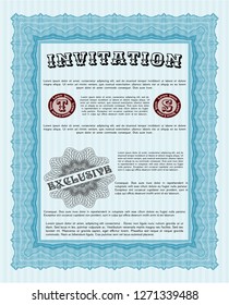 Light blue Retro vintage invitation. With guilloche pattern and background. Modern design. Vector illustration. 