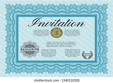 Light blue Retro vintage invitation. With guilloche pattern. Vector illustration. Nice design. 
