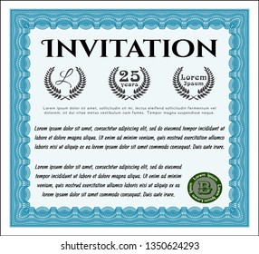 Light blue Retro vintage invitation. Detailed. With guilloche pattern and background. Sophisticated design. 