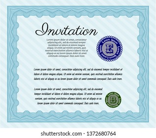 Light blue Retro vintage invitation. Sophisticated design. Printer friendly. Detailed. 