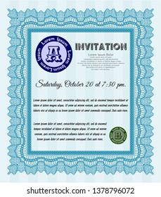 Light blue Retro vintage invitation. Detailed. With background. Money Pattern. 