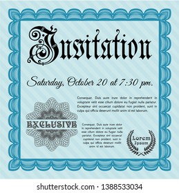 Light blue Retro vintage invitation. Vector illustration. With guilloche pattern. Excellent design. 