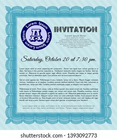 Light blue Retro vintage invitation. Vector illustration. With guilloche pattern. Lovely design. 