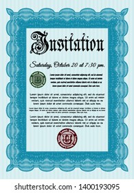 Light blue Retro vintage invitation. Complex background. Detailed. Lovely design. 