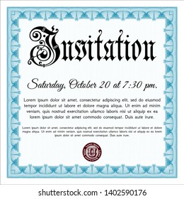 Light blue Retro vintage invitation. Money Pattern. With great quality guilloche pattern. Detailed. 