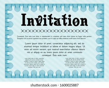 Light blue Retro vintage invitation. With complex linear background. Excellent design. Detailed. 