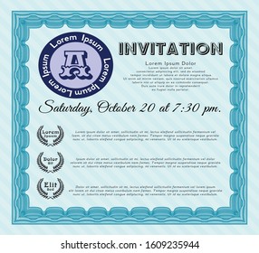 Light blue Retro vintage invitation. Printer friendly. Detailed. Excellent design. 
