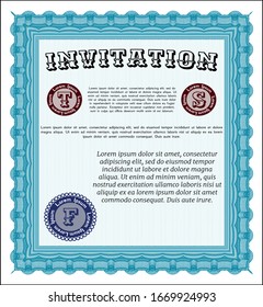 Light blue Retro vintage invitation. Cordial design. With great quality guilloche pattern. Detailed. 