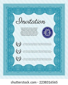 Light blue Retro vintage invitation template. Artistry design. With great quality guilloche pattern. Detailed. 