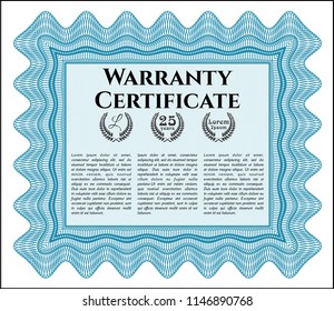 Light blue Retro vintage Warranty Certificate. Customizable, Easy to edit and change colors. With linear background. Money Pattern design. 