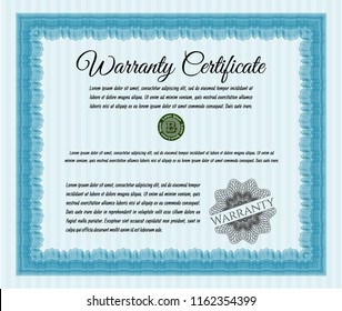 Light blue Retro vintage Warranty Certificate. With great quality guilloche pattern. Sophisticated design. Detailed. 
