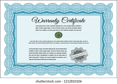 Light blue Retro vintage Warranty Certificate. With guilloche pattern. Cordial design. Detailed. 
