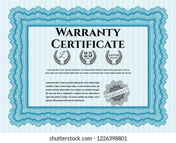 Light blue Retro vintage Warranty Certificate. With guilloche pattern. Detailed. Money Pattern design. 
