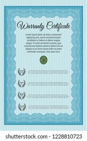 Light blue Retro vintage Warranty Certificate. Retro design. With guilloche pattern and background. Customizable, Easy to edit and change colors. 