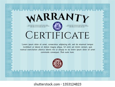Light blue Retro vintage Warranty Certificate. Printer friendly. Vector illustration. Retro design. 