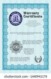 Light blue Retro vintage Warranty Certificate. Printer friendly. Lovely design. Vector illustration. 