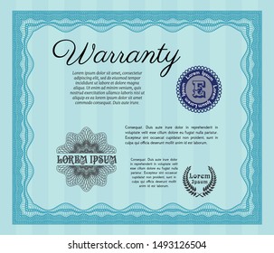 Light blue Retro vintage Warranty Certificate. With great quality guilloche pattern. Vector illustration. Nice design. 