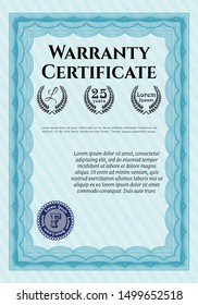 Light blue Retro vintage Warranty Certificate. Excellent design. Vector illustration. With guilloche pattern and background. 
