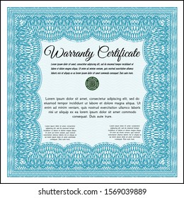 Light blue Retro vintage Warranty Certificate. Cordial design. With guilloche pattern. Customizable, Easy to edit and change colors. 
