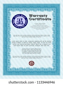Light blue Retro Warranty Certificate template. Money Pattern. With complex background. Vector illustration. 