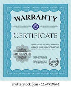 Light blue Retro Warranty Certificate template. Money design. Vector illustration. With great quality guilloche pattern. 