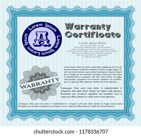 Light blue Retro Warranty Certificate template. With guilloche pattern. Vector illustration. Money style design. 