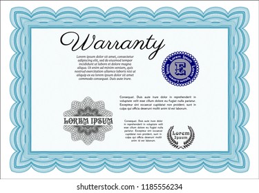 Light blue Retro Warranty Certificate template. Excellent design. Customizable, Easy to edit and change colors. With linear background. 