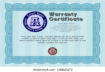 Light blue Retro Warranty Certificate template. With complex linear background. Customizable, Easy to edit and change colors. Money design. 